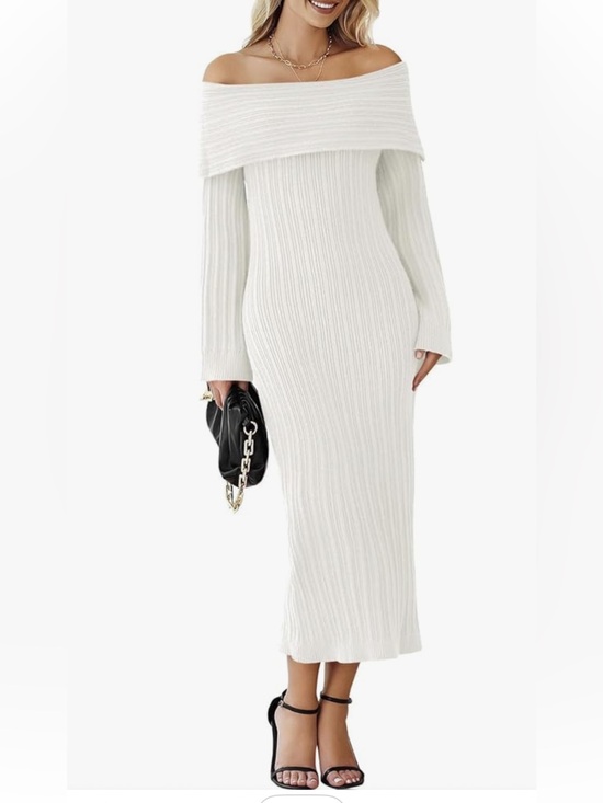 Dresses & Skirts - Two-tone Cream-colored Off-The-Shoulder Long Sleeve Knit Body-con Dress